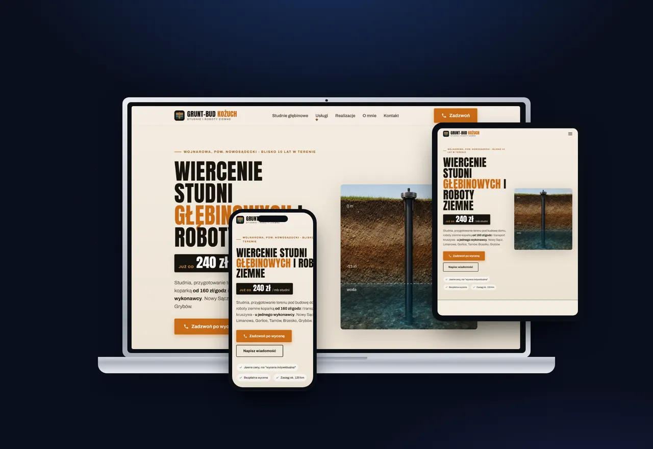 Strona internetowa grunt-bud-kozuch.pl - wiercenie studni Nowy Sącz, realizacja Dominik Mendrala Company